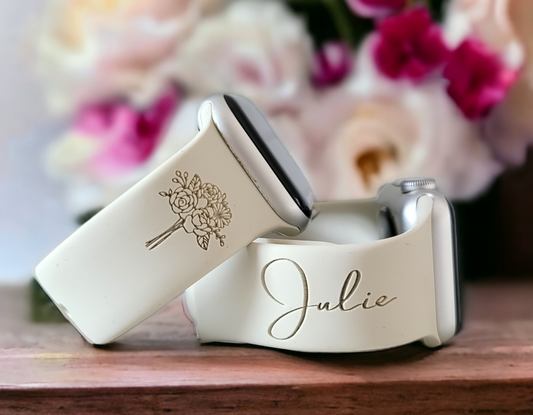 FIRST NAME & BOUQUET OF FLOWERS Laser Engraved Apple Compatible Watch Band