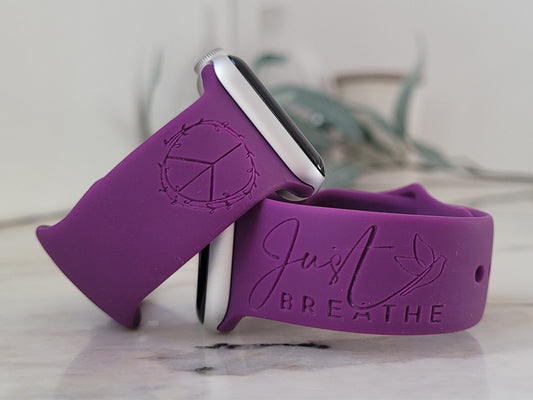 Engraved Watch Band, Ready to Ship, Apple Compatible, Just Breathe, Bird, Peace Sign, SIlicone